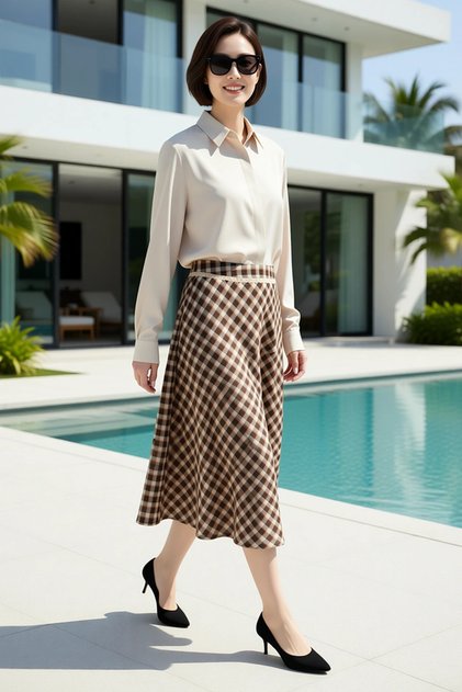 Women's Midi Skirt Plaid Pattern 100% Cotton Lined Flounced Relaxed Cut Summer Collection Casual Modern