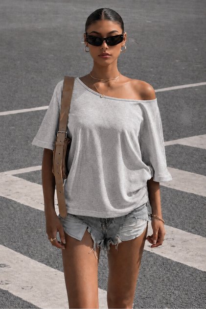 Women's One-Shoulder Off-Shoulder Loose Cotton in Soft-Textured Basic Blouse Summer Stylish Blouse 0081