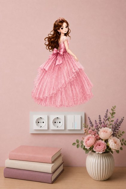 Prenses Priz Sticker 11x7 cm | Kız Çocuk Odası Duvar Stickerı | Anahtar ve Priz Dekor Etiketi | Pembe Prenses Oda Süsü model1