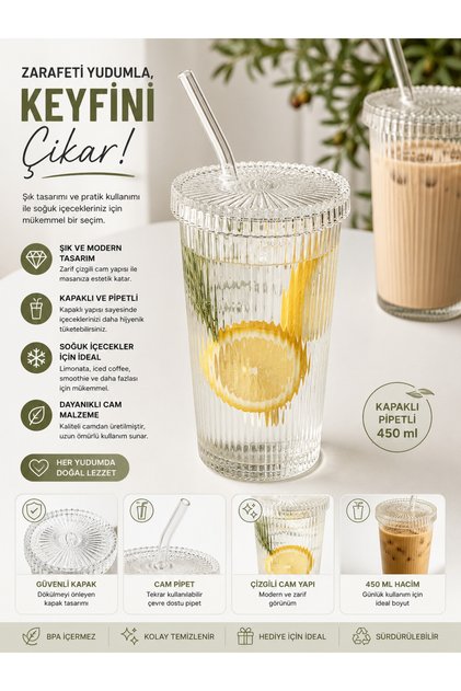 1 Adet Cam Pipetli Kapaklı Meşrubat Bardağı Soğuk İçecek Sunum Dekoratif Bardak 400 ML Şeffaf