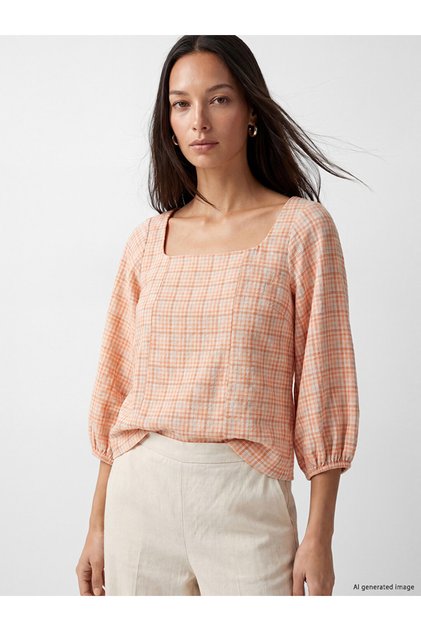 Mercan Square Collar Checkered Blouse