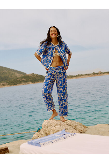 Women's Blue Embroidered Straight Fit Trousers
