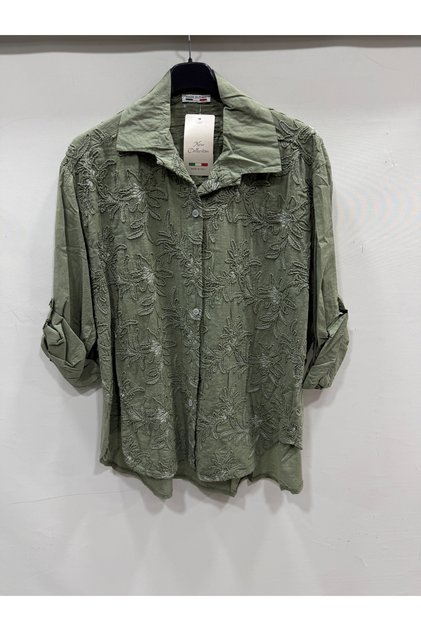 Kadın Haki İtalyan Çiçek Nakışlı Katlanır Uzun Kol Oversize Gömlek 42 - 46 Beden