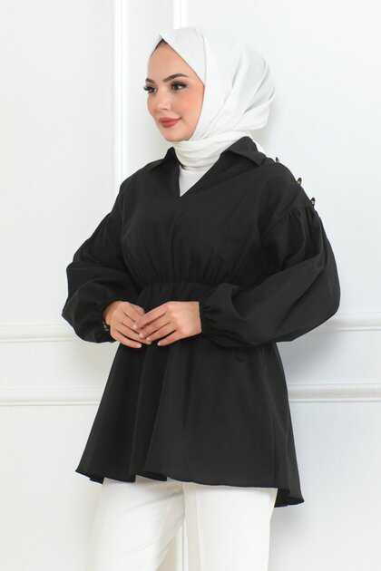 Women's Basic Balloon Sleeve Gathered Black Hijab Shirt