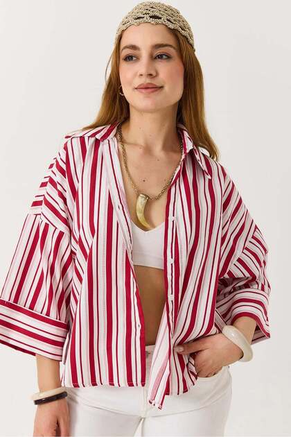 Women's Stripe Patterned Red and White Half Sleeve Self-Folding Shirt