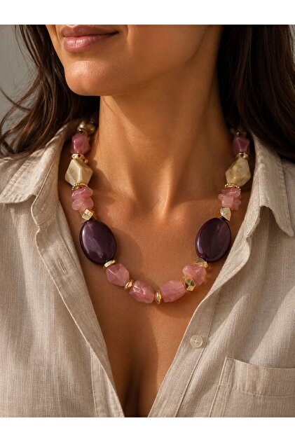 Pink Bead Model Design Necklace with Gold Detail