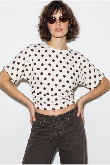 Women's Cream Brown Crew Neck Polka Dot Patterned Waist Fitted Short Sleeve Blouse 2363 60286356