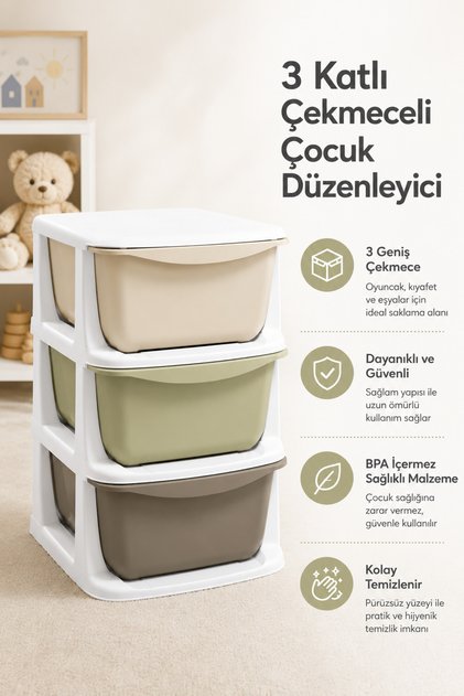 3 Katlı Çekmeceli Çocuk Oyuncak Düzenleyici Saklama Dolabı Organizer Çocuk Odası Organizeri 3 Katlı Geniş Çekmeceli Saklama Ünitesi