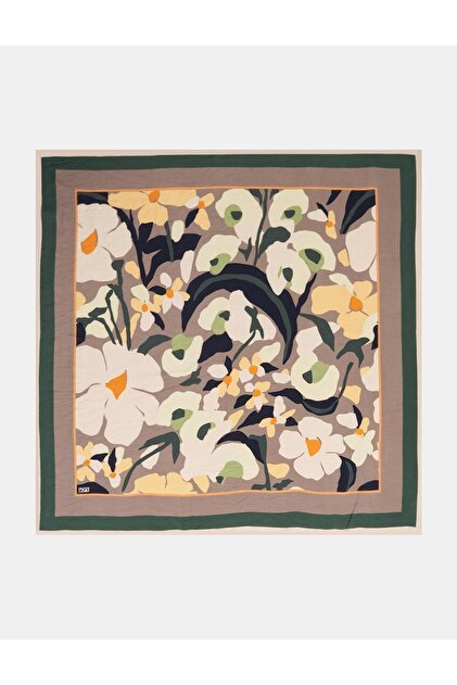 Retro Floral Patterned Viscose Scarf Mink