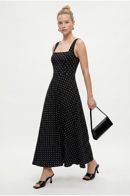 Women's Füsun Back-Tie Square Neck Woven Long Polka Dot Black Dress