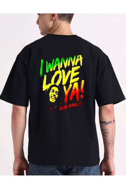 تي شيرت أسود مطبوع عليه Bob Marley I Wanna Love Ya للجنسين، 100% قطن، مقاس عادي، ياقة دائرية، تصميم جرافيك ريجي، تي شيرت بتصميم جرافيك.