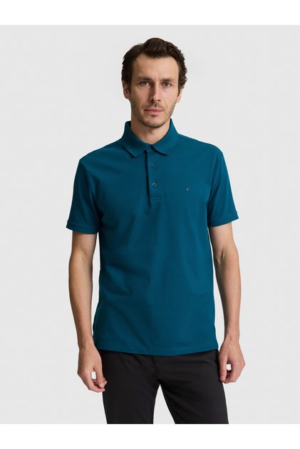 Petrol Blue Slim Fit Cotton Blend Buttoned Polo Collar Basic T-Shirt 50328375-Vr016