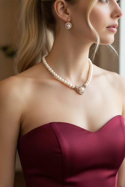Kristal Taşlı İnci Kolye, Küpe Set