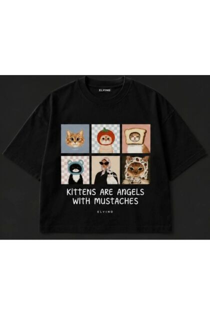 Oversized Cut Short Sleeve Sweet Cats Printed T-Shirt