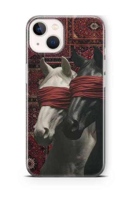 iPhone 15 Compatible Transparent Phone Case with Carpet Background and Horse Artistic Pattern