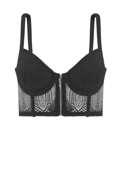 Fashion 2509 Noa Zipper Detailed Push up Padded Lace Bustier Bra Black