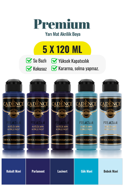 5x120 Premium Akrilik Boya Seti - Derin Deniz ve Gökyüzü Mavi Renkleri