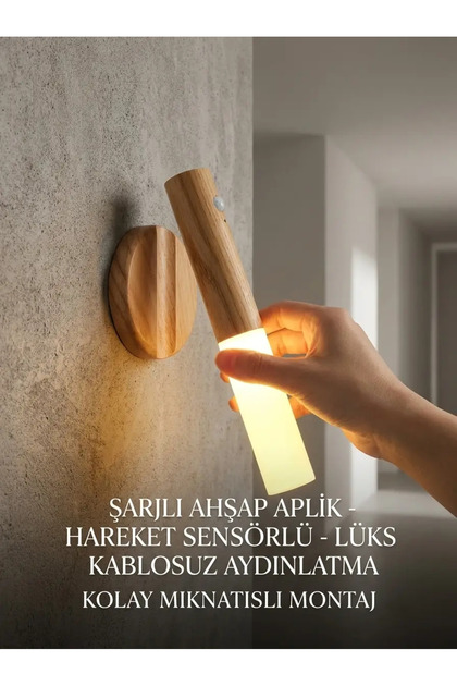 Günışığı LED Şarjlı Duvar Aplik Ahşap Renk Hareket Sensörlü Kablosuz Lüks Lamba Modeli