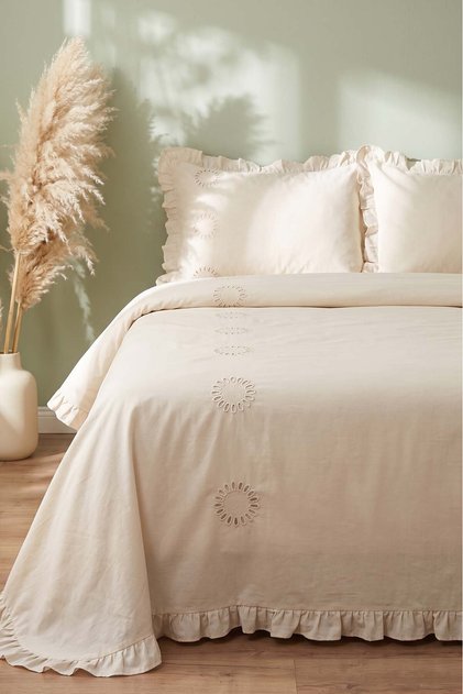 Elowen Double 100% Cotton Embroidered Ruffle Duvet Cover Set - 4 Pieces