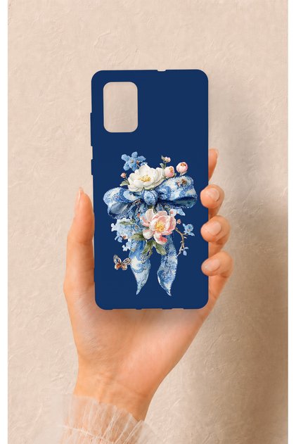 Samsung-A71 Compatible Blue Ribbon Flower Pattern Silicone Case