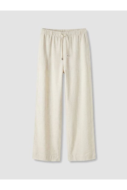 Xside Beige Women's Linen Blended Pants with Elastic Waist