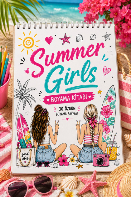 Summer Girls Coloring Book - 30 Pages 30 Visuals - A4 Vertical Format - Transparent Spiral