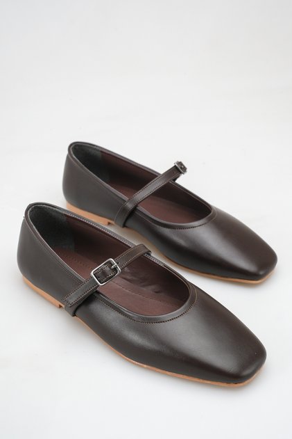 Brown Leather Buckle Square Toe Comfortable Non-Slip Sole Women's Ballerina Shoes Donna