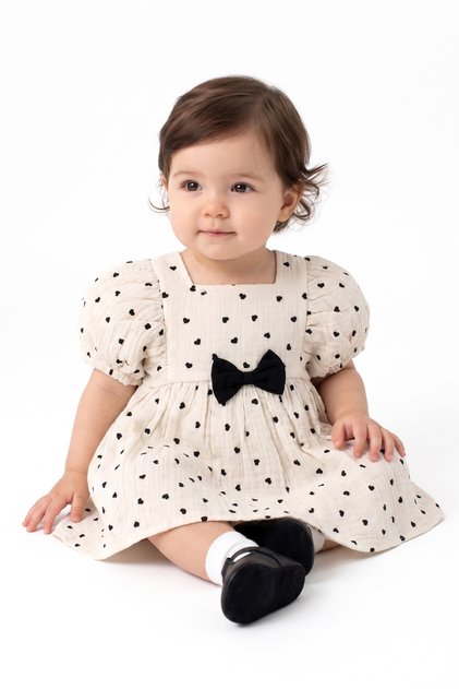 Baby Girl Ecru Black Heart Patterned Muslin Dress with Bow
