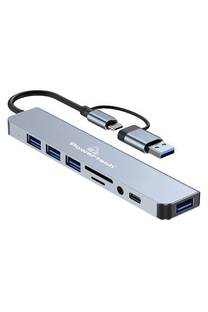 Διανομέας USB PTR-0151 με αναγνώστη καρτών, 8 θύρες, USB & USB-C, γκρι
