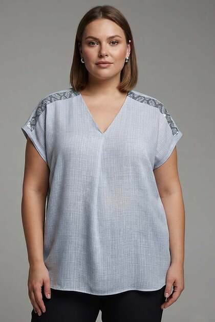 Trend42Plus Large Size Stone Printed Low Sleeve Blue Blouse