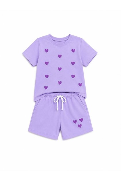 Girls' Summer Shorts Set Shiny Heart Detail T-Shirt Shorts Casual Comfortable Two-Piece Set