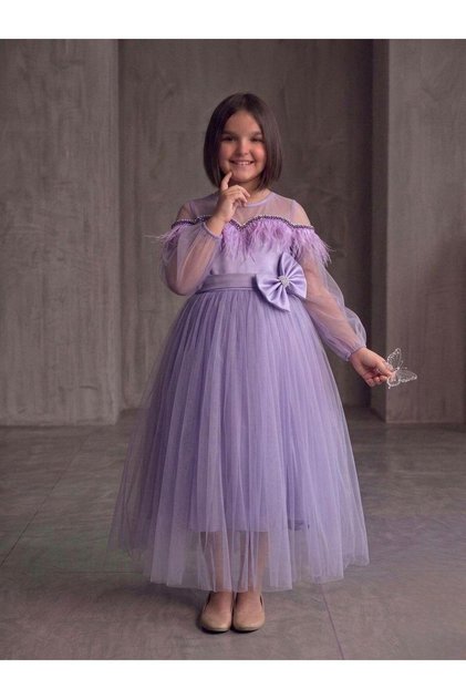 Girl's Evening Dress Tulle Puffy Gown Feathered Collar Waist Belt Bow Can Also Be Used as a Buckle Detailed Wedding, Prom, Birthday, Gown