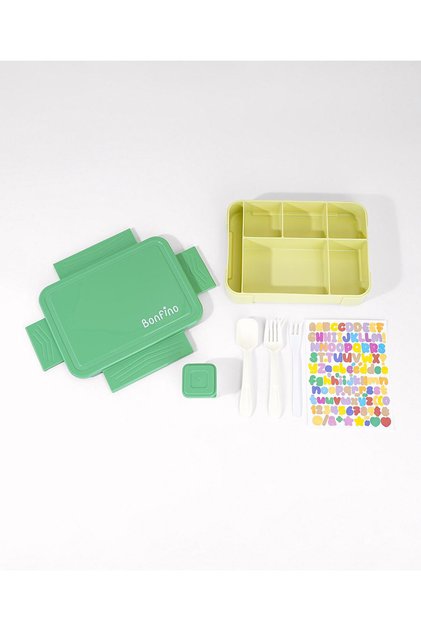 Multi-Compartment Lunch Box with Accessories, Durable PP, Leakproof, Microwave Safe Design, 6 Years+ - Green & Yellow