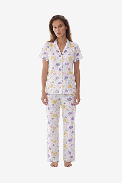 Women Blossom Short Sleeve Shirt Trousers White Set