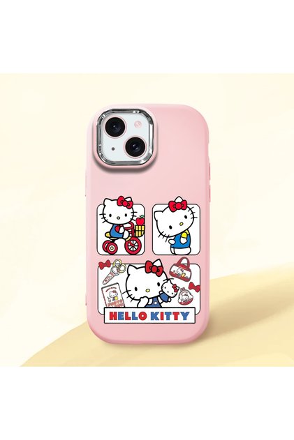 iPhone 15 Compatible Case with Camera Protector Pink Silicone Couple Phone Case with Kitty Pattern