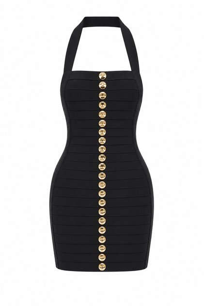 Black Atlas Dress with Gold Buttons and Neckline Detail