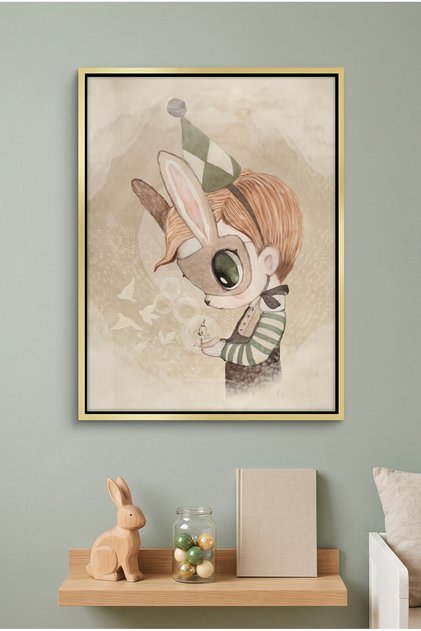 Cute Child in Rabbit Costume Kids Wall Art | Portrait Framed Canvas Print | Luxury Modern Decor for Kids Room