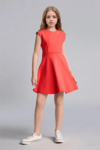 Bell Cut Skirt Half Sleeve Red Dress Girls I1186A826Hs