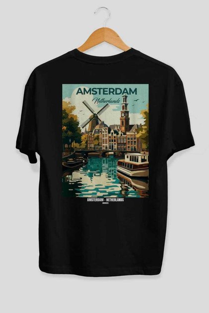 Amsterdam Netherlands 2 Black Oversize Country City Back Printed Unisex T-Shirt 100% Cotton Premium