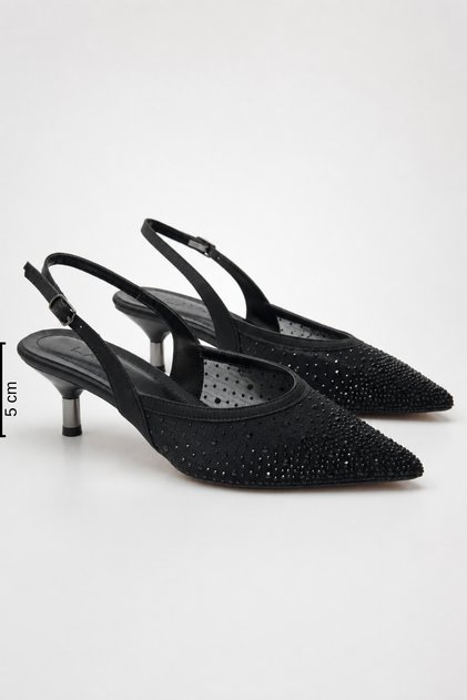 Women's Black Stoned Tulle Detailed Evening Dress Shoes 5 cm Heel Comfortable Full Fit.