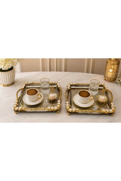 22x22 cm Lüks Gold Beyaz Çiçek Çerçeveli Paslanmaz Çelik Kare Sunum – Aynalı Kahve Servis Tepsisi – Söz Nişan Kahve İkram Tepsisi -El İşciliği Süslemeli– Dekoratif Servis ve İkram Tepsisi (1 Adet)