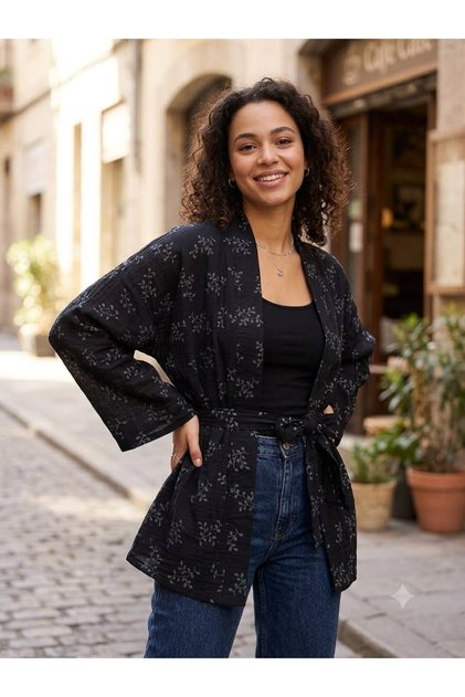 Women's Black Patterned Oversized Belted Short Kimono