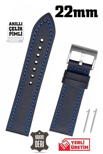 22mm Navy Blue Stitched Sport Genuine Leather Watch Band Strap with Smart Pins