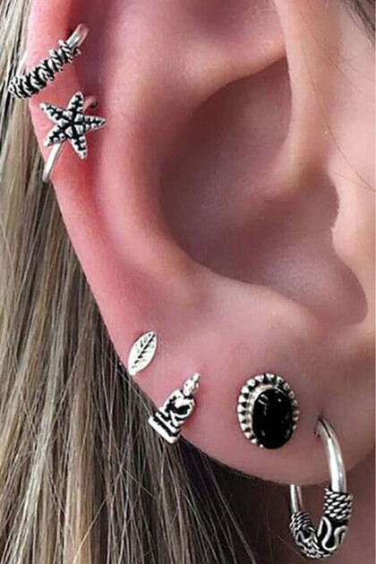 Set cercei si ear cuff cu Buddha, steluta, frunza si inele