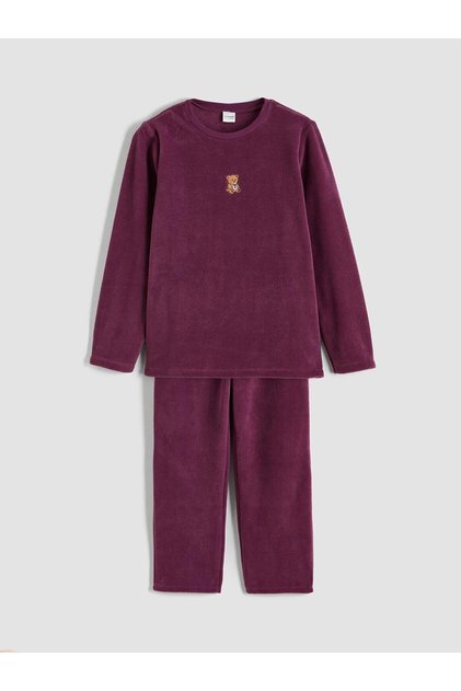 Bear Embroidered Girls' Fleece Pajama Set (W6)