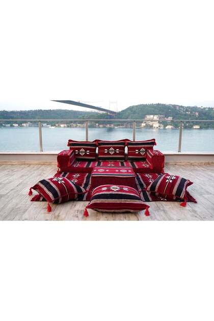 Maroon Damascus Stripe: Single Floor Sofa Set – Arabic Majlis Seating – Sectional Floor Sofa – Handmade Arabic Floor Sofa