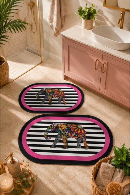 Kaymaz Tabanlı Yıkanabilir 2’li Oval Fil Desen Banyo Paspası ve Klozet Takımı – Modern Banyo Halısı