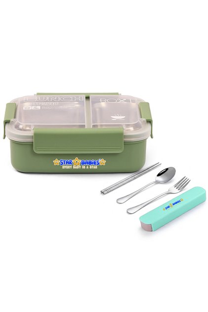 1100ml High-Capacity Stainless Steel Lunch Box and Portable Stainless Steel Spoon, Fork, and Chopstick Utensil Combo Green