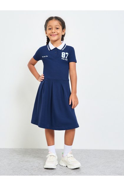 Girls Navy Blue Cotton Polo T-Shirt Dress
