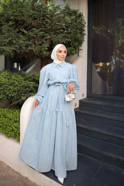 Baby Blue Balloon Sleeve Belted Striped Dress